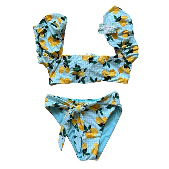 NWT! Envya Women's Lemon Print Off-Shoulder Bikini Size L High-Waisted 2 Pc - Picture 4 of 13